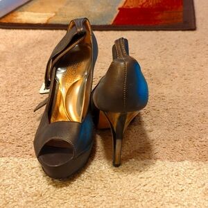 Aldo women's bronze heels with bone heel, ankle straps